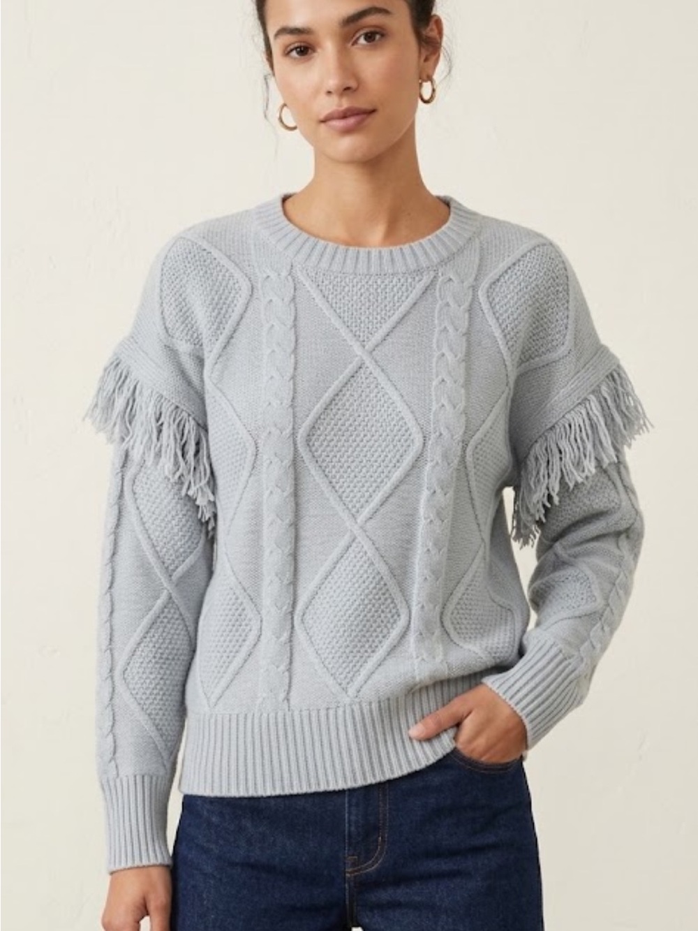 🇪🇸🐠 Dreamers by Debut boho cable knit sweater fringe blue small/medium crewneck